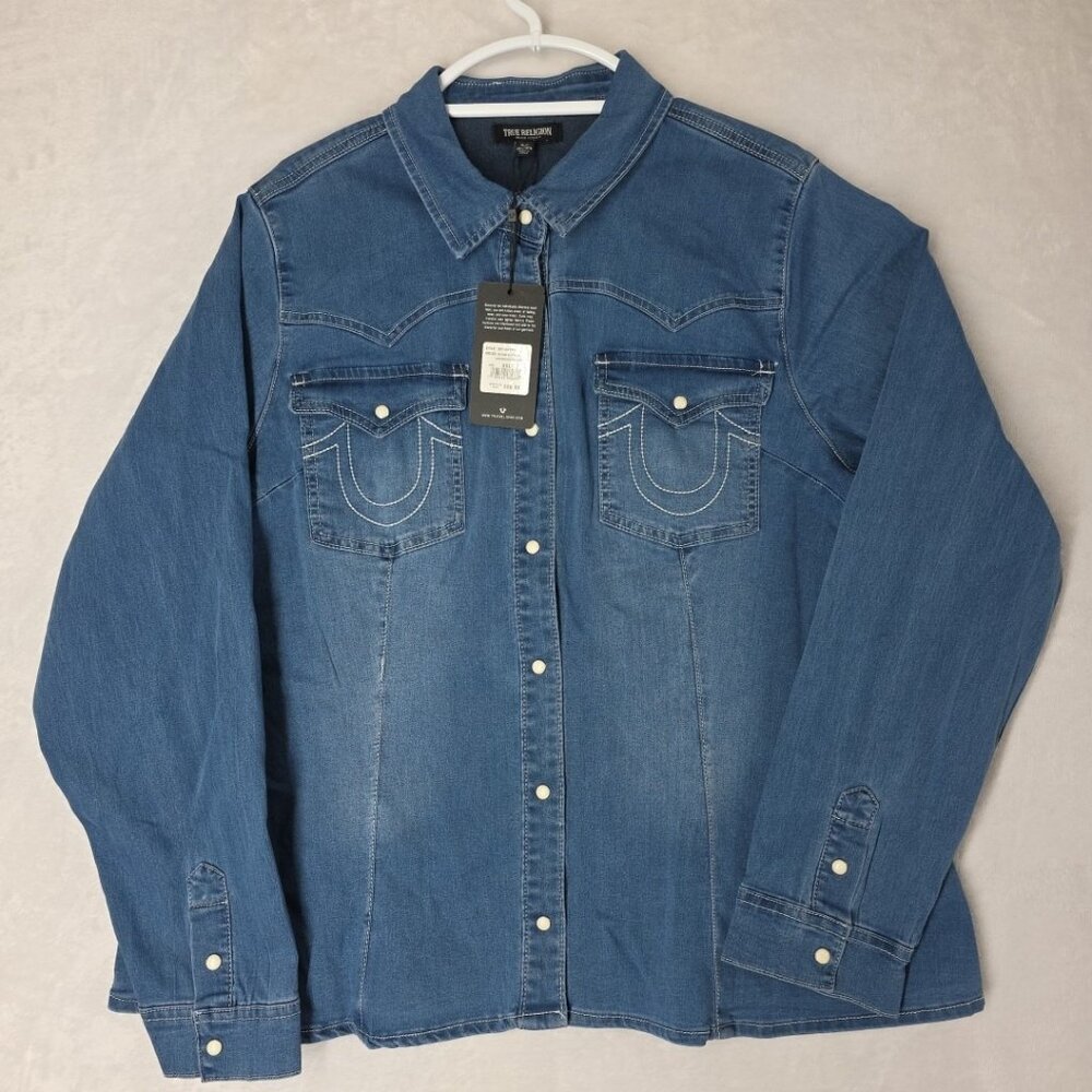 True Religion Western Denim Shirt Size XXL NWT $99 Pearl Snap